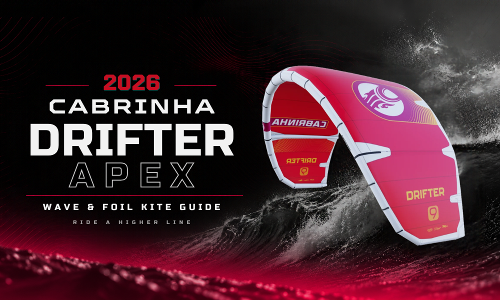  2026 Cabrinha Drifter Apex hero image showing the Drifter Apex kite for wave riding, foiling, and Florida kiteboarding performance