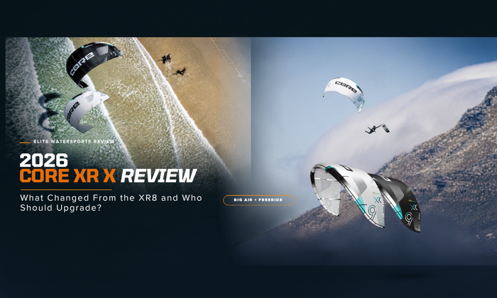 2026 CORE XR X review hero image showing CORE XR X kites, big air rider, and freeride kiteboarding performance