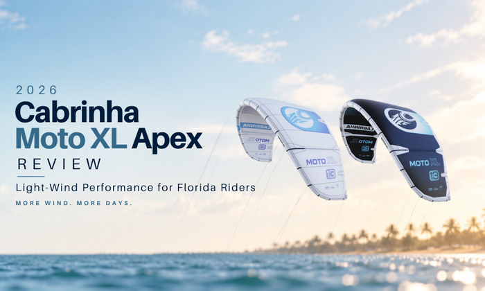 2026 Cabrinha Moto XL Apex Review hero image showing two Moto XL Apex kites over Florida water for a light wind kite buying guide