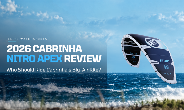 2026 Cabrinha Nitro Apex Review hero image showing a Nitro Apex kite and big air kiteboarder over strong wind ocean conditions