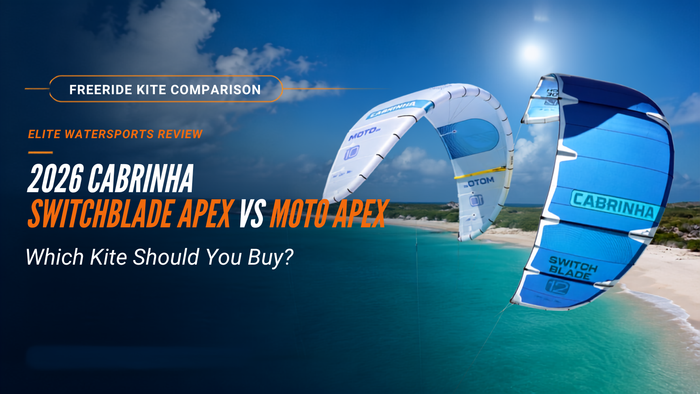 2026 Cabrinha Switchblade Apex vs Moto Apex comparison hero image showing both Cabrinha kites over turquoise water for freeride kite buying guide