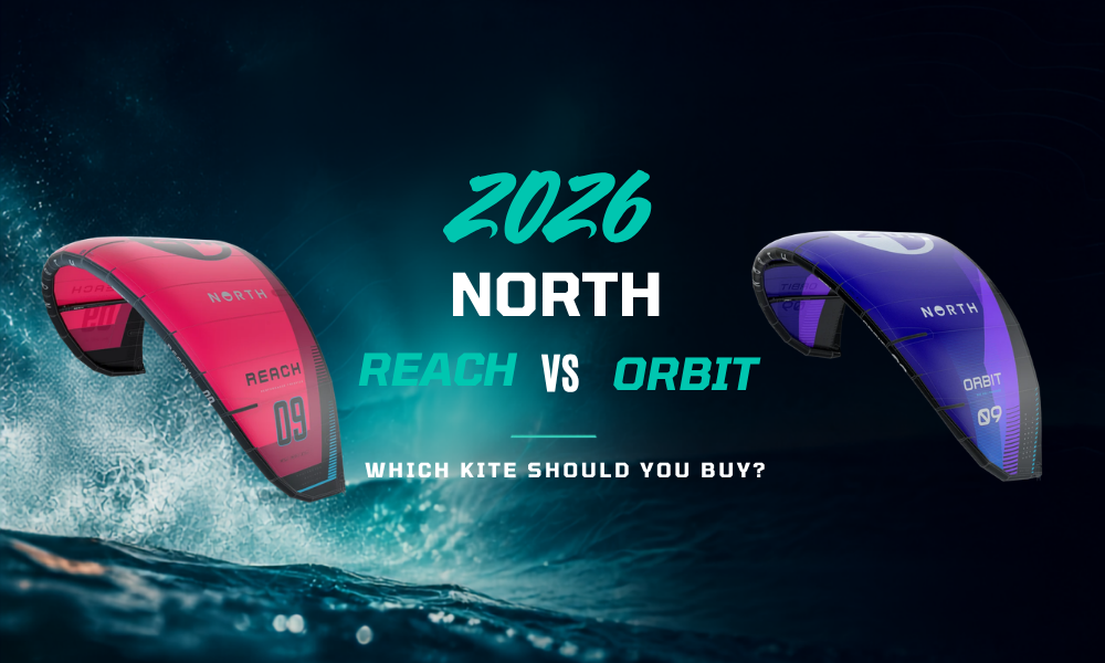 2026 North Reach vs North Orbit hero image showing both North kites over Tampa Bay water for a kiteboarding buying guide
