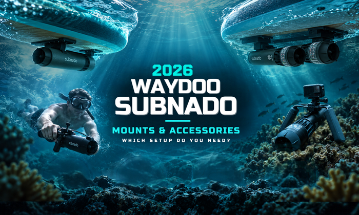 Waydoo Subnado Mounts and Accessories hero image showing handheld, board-mounted, twin-engine, camera rig, and accessory setups for a Subnado mounting guide