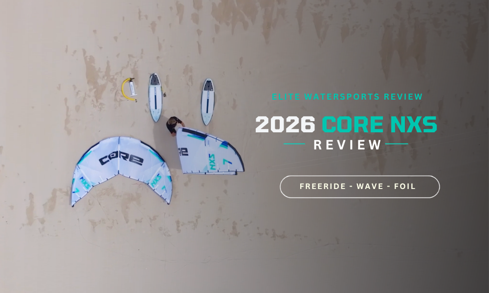 2026 CORE NXS Review hero image showing a CORE NXS kite over turquoise water for freeride, wave, and foil kiteboarding