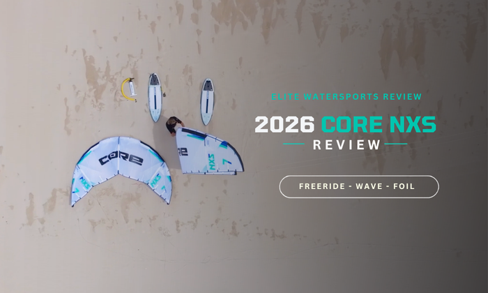 2026 CORE NXS Review hero image showing a CORE NXS kite over turquoise water for freeride, wave, and foil kiteboarding