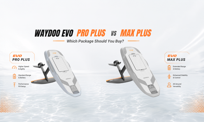 Waydoo EVO Pro Plus vs Max Plus comparison hero image showing both eFoil packages for an Elite Watersports buying guide