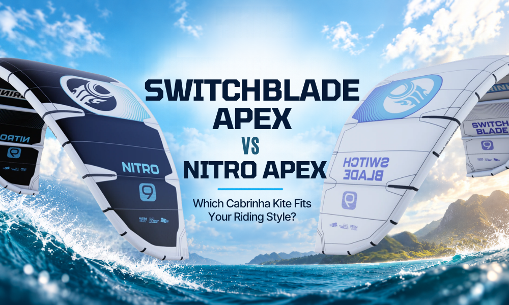 2026 Cabrinha Switchblade Apex vs Nitro Apex hero image showing both Cabrinha kites for a Florida kiteboarding comparison guide
