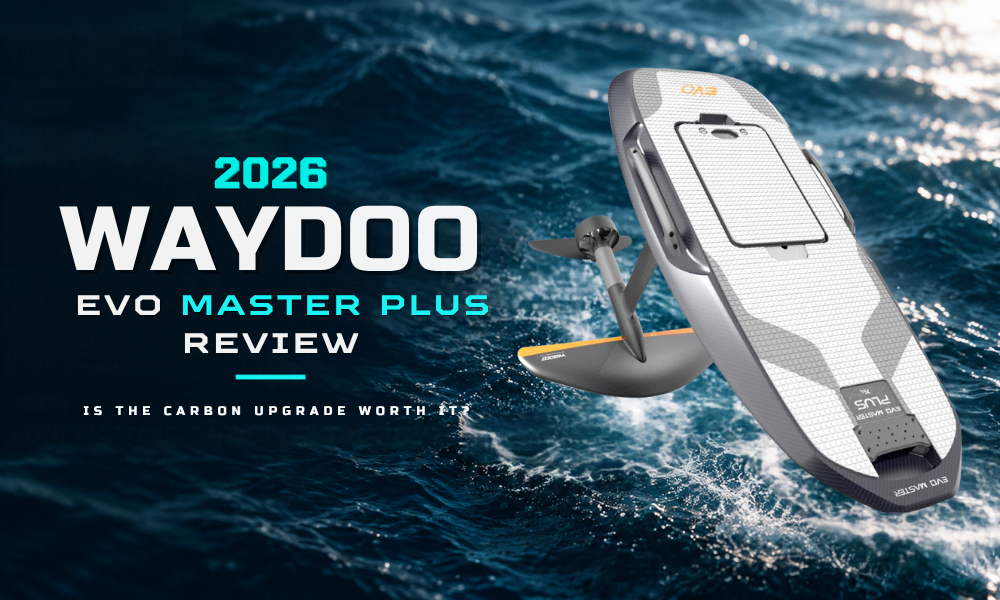 2026 Waydoo EVO Master Plus vs Pro Plus hero image showing the Master Plus carbon eFoil over ocean water for a premium eFoil buying guide