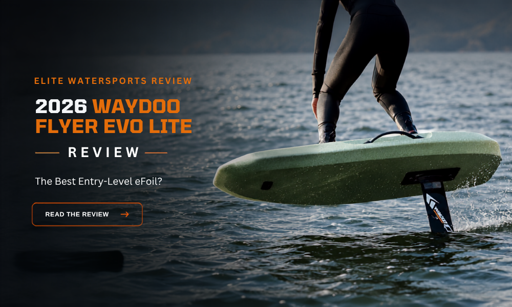 2026 Waydoo Flyer EVO Lite Review hero image showing a rider on a green Waydoo eFoil board above the water for an entry-level eFoil buying guide