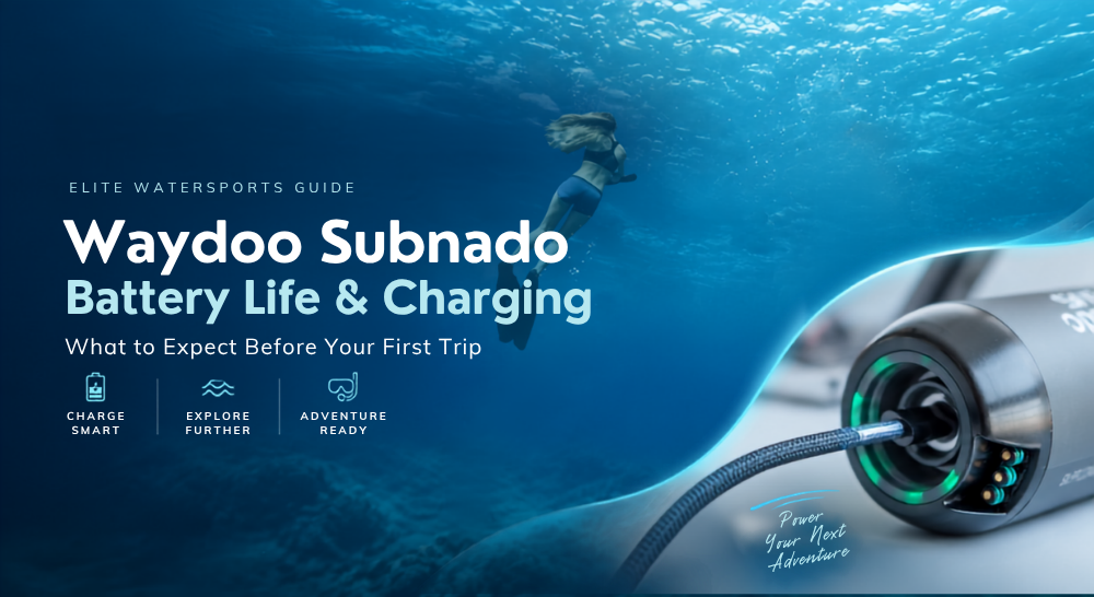 Waydoo Subnado Battery Life and Charging hero image showing snorkelers using an underwater scooter with USB-C charging detail for trip preparation