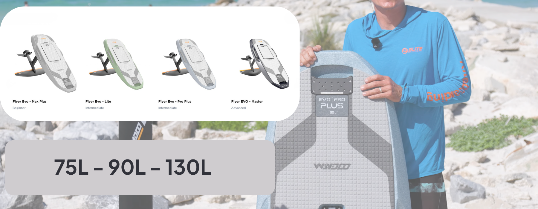 Waydoo 75L vs 90L vs 130L eFoil board size comparison with Elite Watersports rider holding Waydoo 90L board