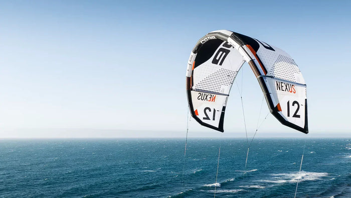CORE Nexus 4 kite flying over the ocean during a freeride session — showcasing its lightweight three-strut design and Future-C shape.