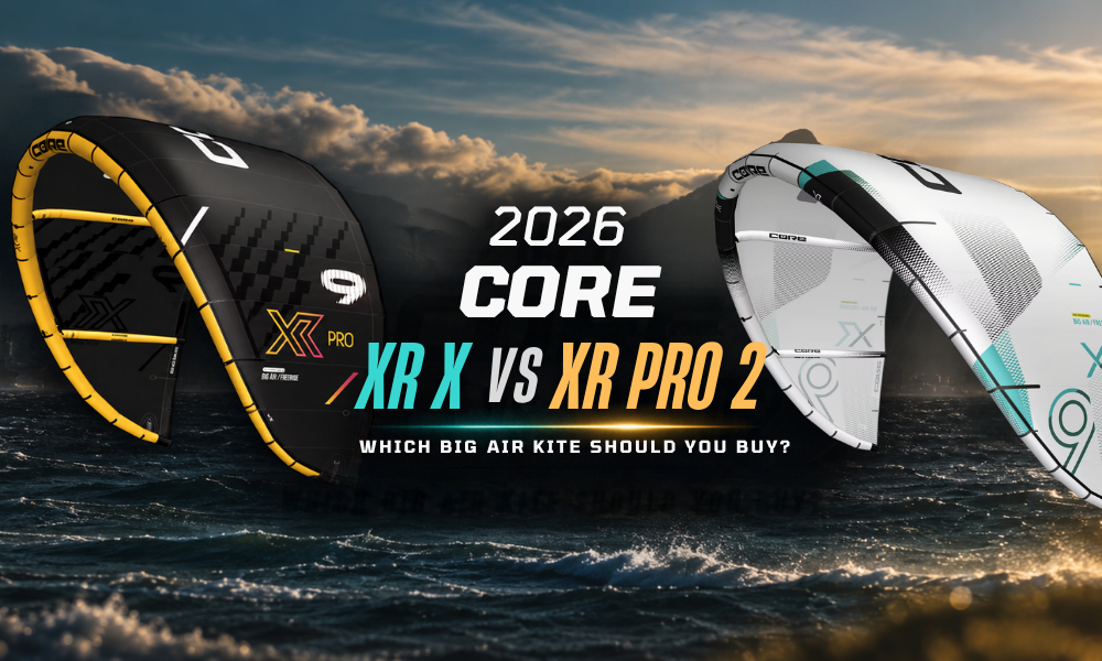 2026 CORE XR X vs XR Pro 2 hero image showing both CORE big air kites over strong wind ocean conditions for a Florida kiteboarding comparison guide