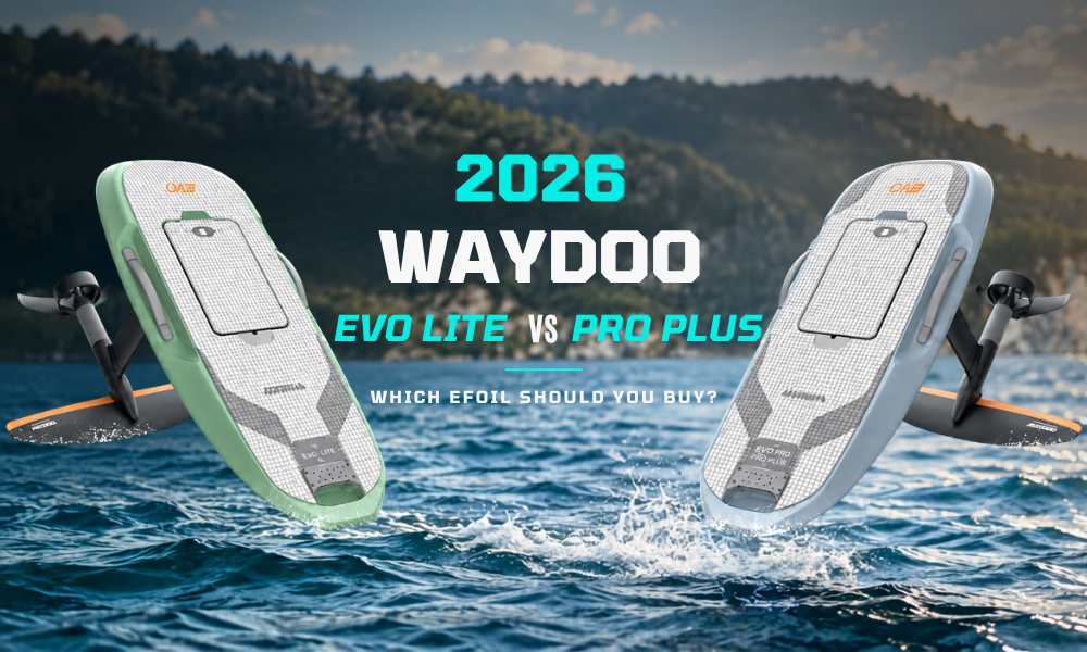 2026 Waydoo EVO Lite vs Pro Plus hero image showing both Waydoo eFoil packages over water for an eFoil buying guide