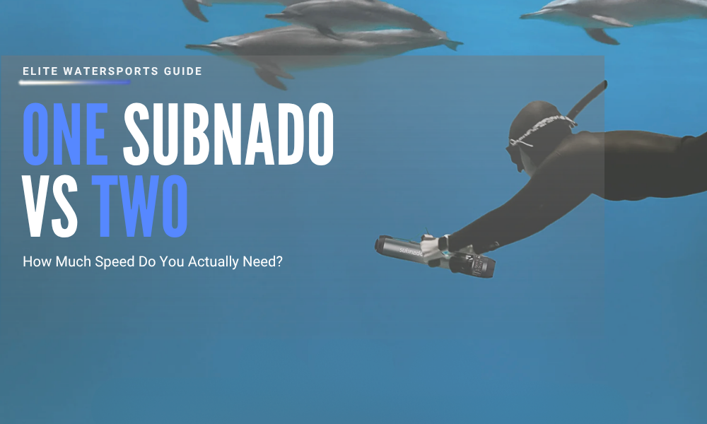 One Subnado vs two hero image showing Waydoo Subnado underwater scooters, scuba diver, and reef fish for underwater scooter speed comparison