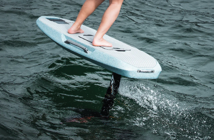 Waydoo eFoil riding on flat water in Tampa Bay beginner setup