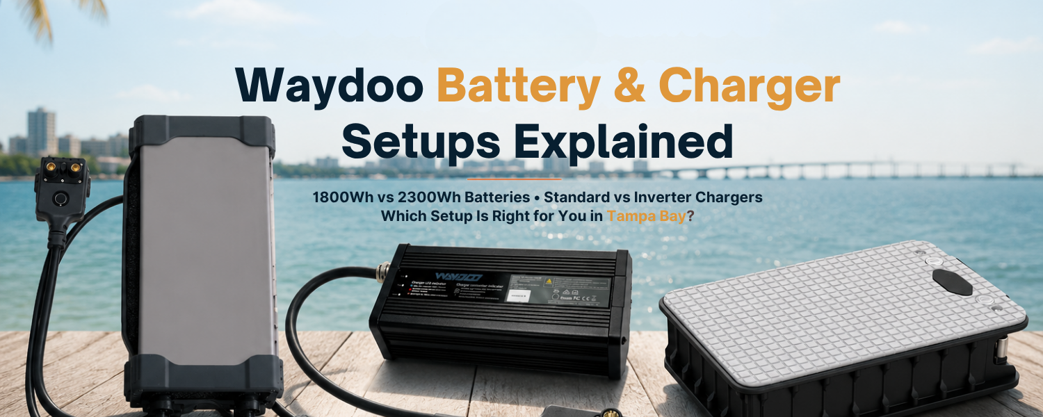 Waydoo battery and charger setup with 1800Wh and 2300Wh battery options on a Tampa Bay dock