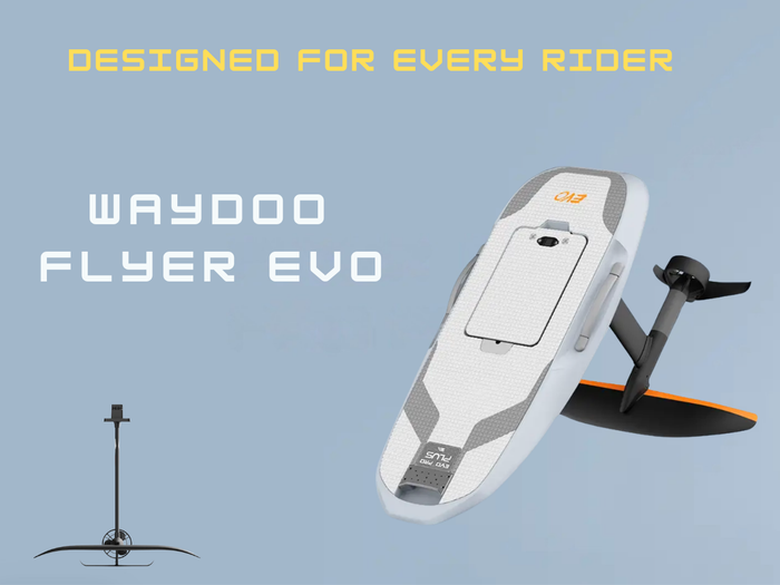 Waydoo Flyer EVO eFoil board with hydrofoil mast and propeller, designed for all rider levels